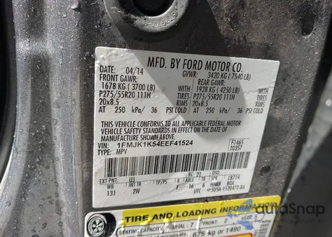 2014 Ford Expedition El Limited from USA, damaged, VIN 1FMJK1K54EEF41524